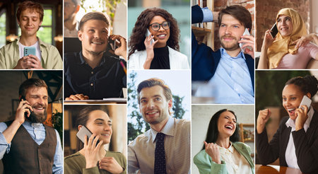 Bright collage of diverse people using smartphones with excited and cheerful expressions in mixed contextsの写真素材