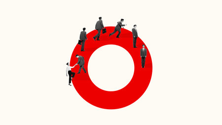 Surreal collage art. Businessmen walking on red circular path symbolizing endless routine