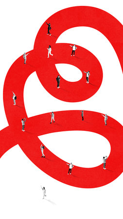 Bright collage. People walking on red spiral path symbolizing complexity and decision making