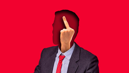 Surreal collage. Faceless businessman with hand pointing upward inside head silhouette
