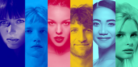 Close-up portraits of diverse people with bold artistic color filters