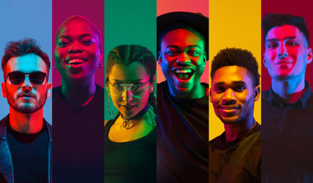 Multicultural group portraits of young adults with neon and colorful lighting