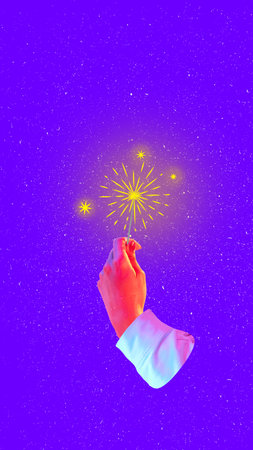 Human hand holding sparkles over purple background. Magical night of winter season. Contemporary art...