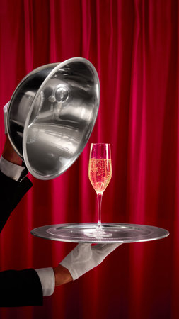 Elegant champagne glass served on silver tray with red curtain background