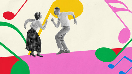 Contemporary collage. Retro couple dancing with energy on colorful music notes