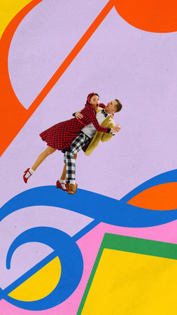 Creative artwork. Retro dance couple in red and yellow outfits on pastel music note background