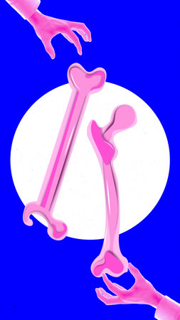 Bright digital collage of pink bones illustration in glowing circle with hands symbol of skeletal...