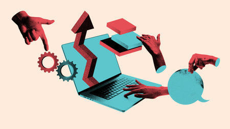 Bright collage. Hands creating system integration with laptop gears and arrows