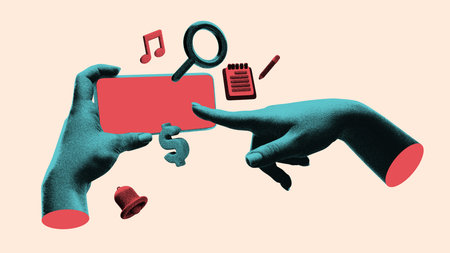 Creative digital artwork. Hands interacting with smartphone surrounded by iconsの写真素材