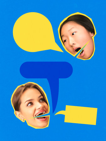 Vibrant composition. Two surprised women with yellow and blue speech bubbles on blue background