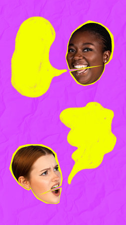 Modern collage. Expressive women faces with yellow speech bubbles on purple background
