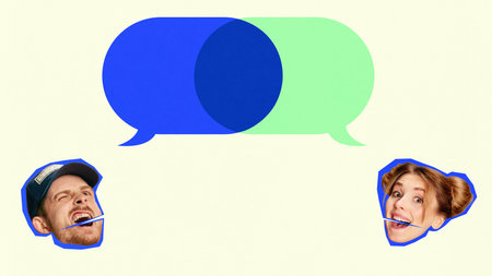 Minimalist collage. Two faces engage in lively dialogue under intersecting blue and green speech...