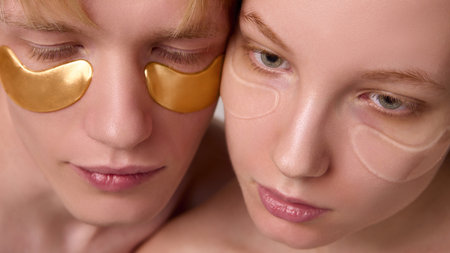 Tender portrait of man and woman wearing hydrogel patches for under eye care