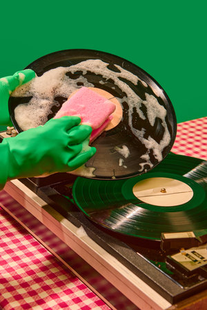 Close up hand washing vinyl record on retro player with pink sponge