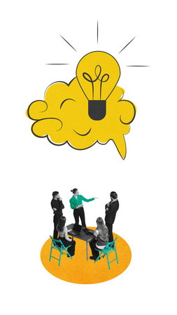 Business meeting teamwork under lightbulb idea symbol in minimal collage style