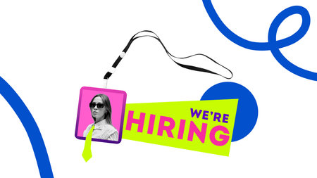 Creative hiring ad with colorful badge and stylish employee photo