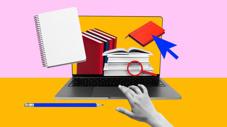Colorful collage. Digital education tools with books notebook and magnifier emerging from laptop