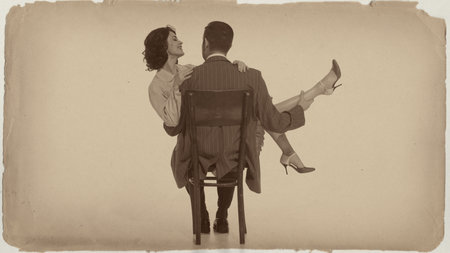 Vintage couple in romantic embrace on chair sepia retro effectの写真素材