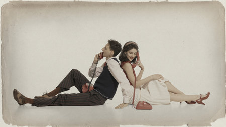 Young couple talking on red telephones vintage retro styleの写真素材