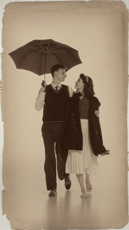 Romantic retro couple walking under umbrella vintage fashion styleの写真素材