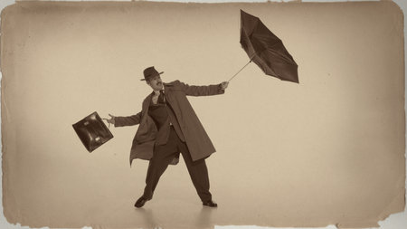 Man in trench coat struggles with broken umbrella in strong wind sepia effect