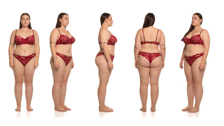 Collage of plus size woman in red lace lingerie from multiple views on white backgroundの写真素材