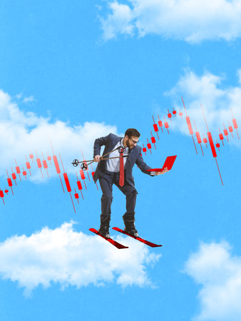 Colorful collage. Businessman skiing through financial chart with red candlesticks under blue skyの写真素材