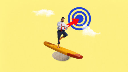 Collage art. Businessman balancing on surfboard with tablet and red arrow hitting target under blue skyの写真素材