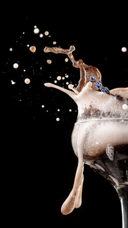 Brown foamy cocktail splash with lavender garnish on black backgroundの写真素材