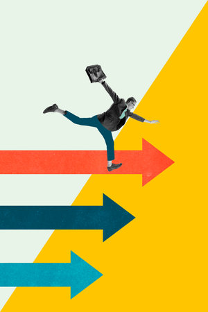 Creative digital artwork. Businessman balancing on moving arrows symbolizing fast career progressの写真素材