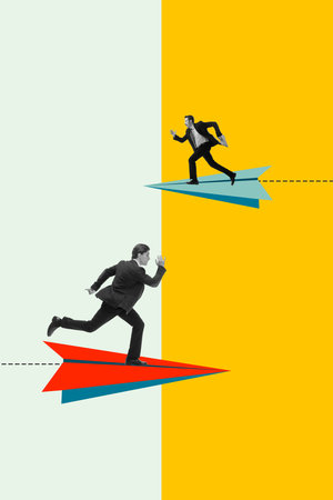 Contemporary collage. Two businessmen running on paper planes symbolizing competition and ambition