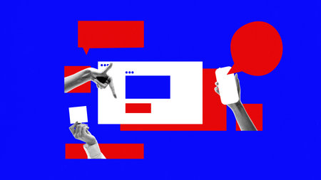 Red and blue collage of hands with smartphone and speech bubbles symbolizing online interaction