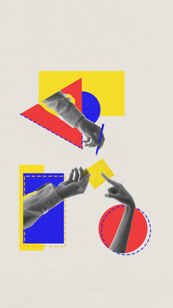 Abstract geometric collage of hands with primary color shapes