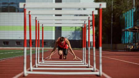 Runner preparing to start hurdle sprint on athletics track under sunlightの写真素材