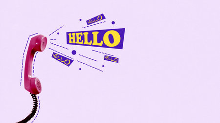 Bright collage of pink phone with comic typography Hello on pastel purple background