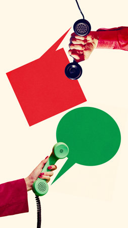 Digital artwork of hands holding phones with red and green speech bubblesの写真素材