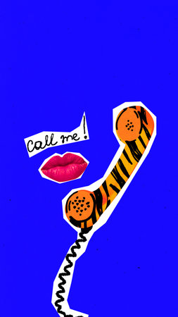 Pop art collage with tiger print phone and red lips on bright blue background with call me textの写真素材