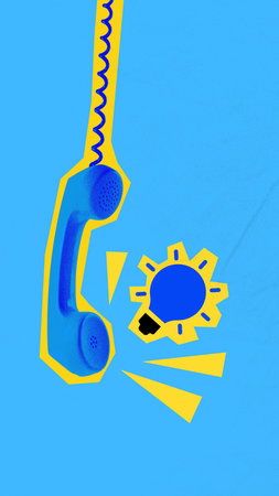 Creative collage of blue phone with yellow light bulb symbol on bright backgroundの写真素材