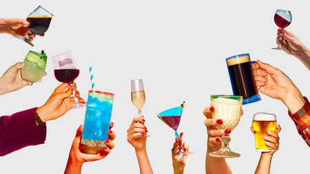 Creative collage. Hands holding colorful cocktail and wine glasses for celebration. Copy spaceの写真素材