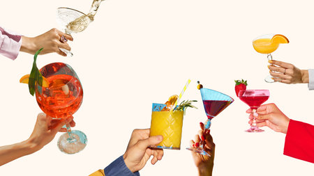 Colorful party collage of cocktails in elegant glasses with bright background.