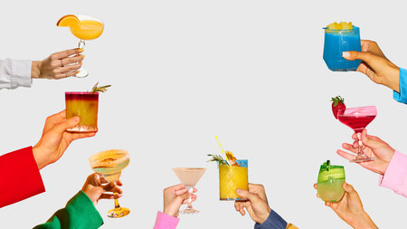 Vibrant collage template. Colorful variety of cocktails and mocktails in festive toastの写真素材
