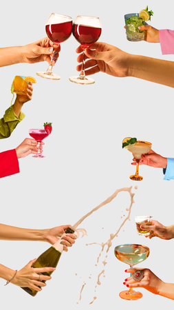 Trendy artwork. People toasting with colorful cocktails and splashing champagneの写真素材