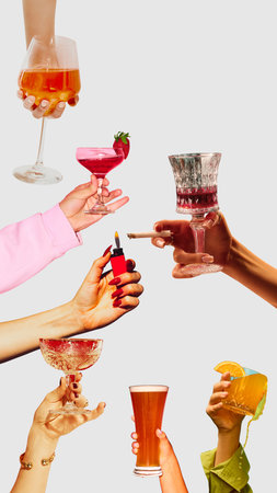 Hands holding cocktails and lighter in stylish composition.