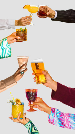 Hands toasting with cocktails, wine, and beer in festive arrangement.の写真素材