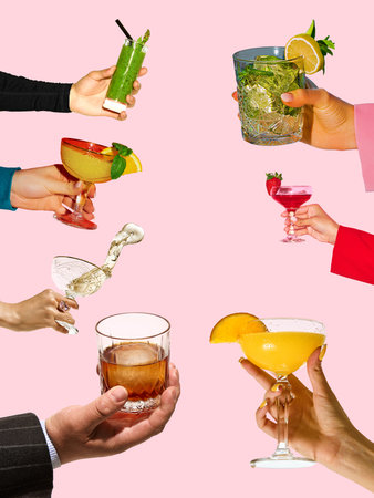 Colorful poster with cocktails and beverages held by elegant hands on pink backgroundの写真素材
