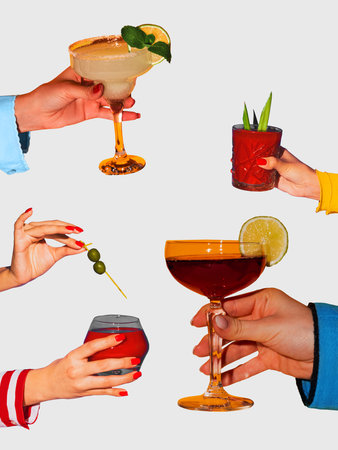 Digital artwork. Hands holding cocktails with citrus garnish and red manicure