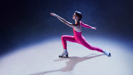 Woman ice skater in pink costume extending arms in graceful balance under blue spotlightの写真素材