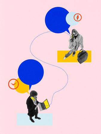 Surreal composition of business and travel communication with blue and yellow dialogue bubblesの写真素材
