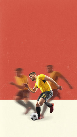 Bold colorful poster. Soccer player sprinting with ball across red and white background motion sequenceの写真素材