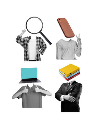 Creative digital artwork of faceless people with symbolic business object headsの写真素材